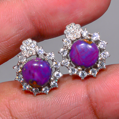 Copper Purple Turquoise & White Cz 925 Sterling Silver Jewelry Earring, Drop Dangle Earring, Gift For Her, Round Earring, Purple Earring, Silver Jewelry Earring