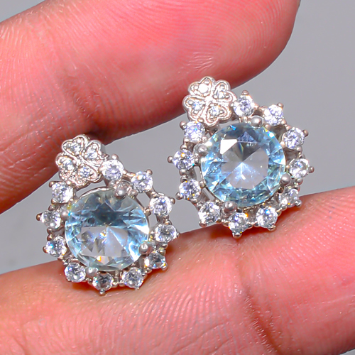 Aquamarine 925 Sterling Silver White Rhodium Plated Earring, Drop Dangle Earring, Gift For Her, Round Earring, Blue Earring, Silver Jewelry Earring