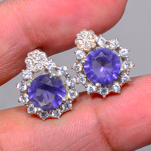 Iolite 925 Sterling Silver White Rhodium Plated Earring, Drop Dangle Earring, Gift For Her, Round Earring, Blue Earring, Silver Jewelry Earring