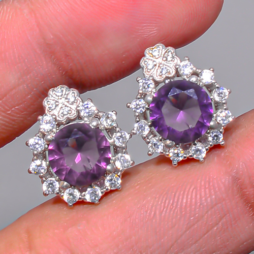 Amethyst 925 Sterling Silver White Rhodium Plated Earring, Drop Dangle Earring, Gift For Her, Round Earring, Purple Earring, Silver Jewelry Earring