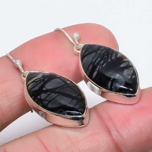 Picasso Jasper 925 Sterling Silver Earring, Drop Dangle Earring, Gift For Her, Marquise Earring, Black Earring, Silver Jewelry Earring