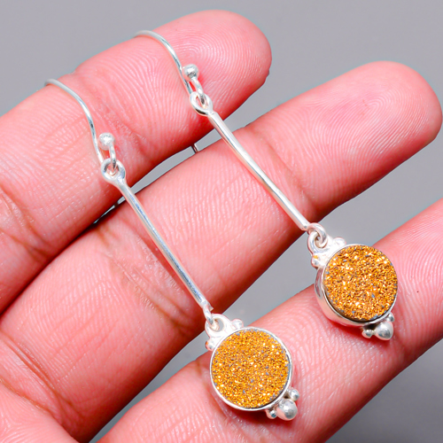 Titanium Golden Agate Drusy 925 Sterling Silver Earring, Drop Dangle Earring, Gift For Her, Round Earring, Golden Earring, Silver Jewelry Earring