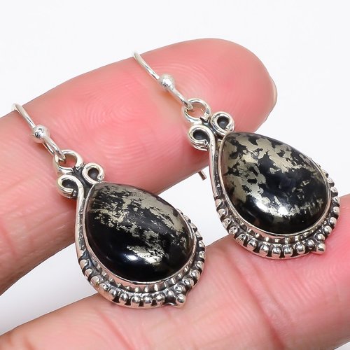 Magnetite In Pyrite 925 Sterling Silver Earring, Drop Dangle Earring, Gift For Her, Pear Earring, Black Earring, Silver Jewelry Earring