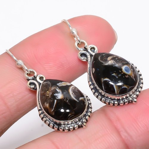 Turritella Fossil Gemstone 925 Sterling Silver Handmade Earring 1.50" T10
