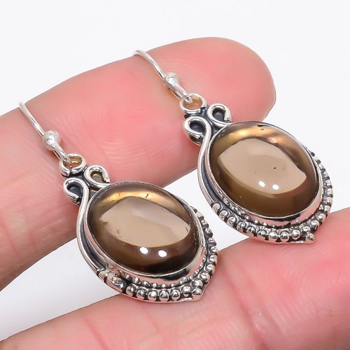 Smoky Quartz Vintage 925 Sterling Silver Earring, Drop Dangle Earring, Gift For Her, Oval Earring, Brown Earring, Silver Jewelry Earring