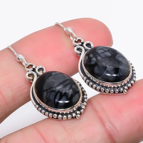 Picasso Jasper Vintage 925 Sterling Silver Earring, Drop Dangle Earring, Gift For Her, Oval Earring, Black Earring, Silver Jewelry Earring
