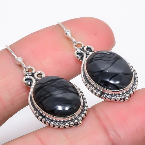 Picasso Jasper Vintage 925 Sterling Silver Earring, Drop Dangle Earring, Gift For Her, Oval Earring, Black Earring, Silver Jewelry Earring