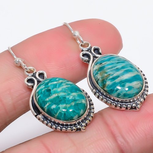 Russian Amazonite Vintage 925 Sterling Silver Jewelry Earring, Drop Dangle Earring, Gift For Her, Oval Earring, Green Earring, Silver Jewelry Earring