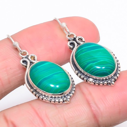 Russian Malachite 925 Sterling Silver Jewelry Earring, Drop Dangle Earring, Gift For Her, Oval Earring, Green Earring, Silver Jewelry Earring