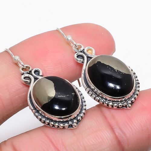 Magnetite In Pyrite Vintage 925 Sterling Silver Jewelry Earring, Drop Dangle Earring, Gift For Her, Oval Earring, Black Earring, Silver Jewelry Earring