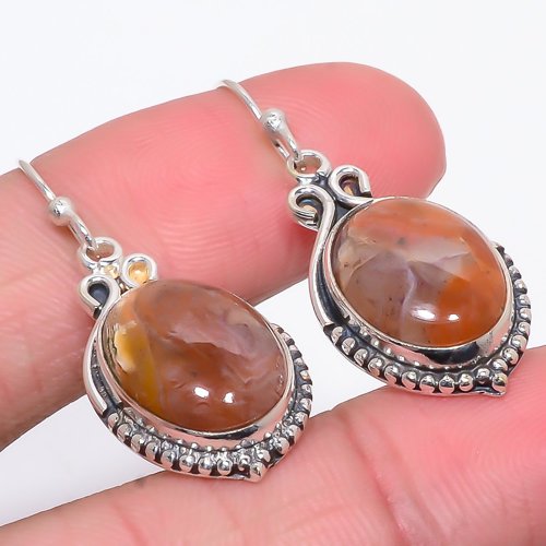 Botswana Lace Agate Vintage 925 Sterling Silver Jewelry Earring, Drop Dangle Earring, Gift For Her, Oval Earring, Brown Earring, Silver Jewelry Earring