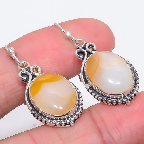 Botswana Lace Agate Vintage 925 Sterling Silver Jewelry Earring, Drop Dangle Earring, Gift For Her, Oval Earring, Brown Earring, Silver Jewelry Earring