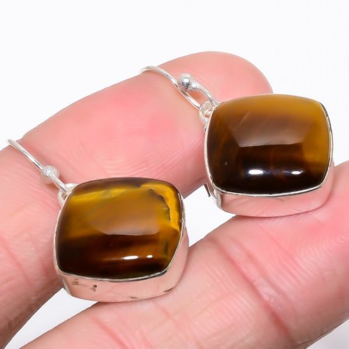 Thai Tiger'S Eye 925 Sterling Silver Earring, Drop Dangle Earring, Gift For Her, Cushion Earring, Yellow Earring, Silver Jewelry Earring
