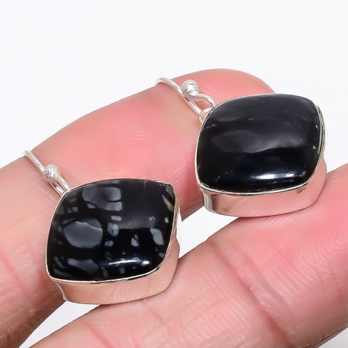 Picasso Jasper 925 Sterling Silver Earring, Drop Dangle Earring, Gift For Her, Cushion Earring, Black Earring, Silver Jewelry Earring