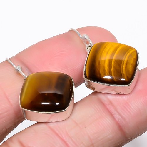 Thai Tiger'S Eye 925 Sterling Silver Earring, Drop Dangle Earring, Gift For Her, Cushion Earring, Yellow Earring, Silver Jewelry Earring