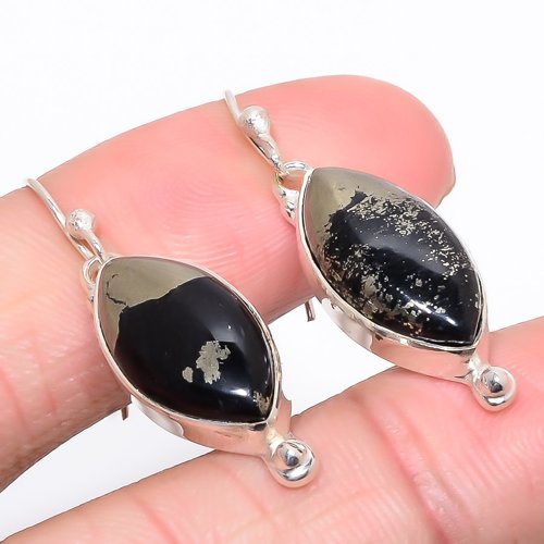 Magnetite In Pyrite 925 Sterling Silver Earring, Drop Dangle Earring, Gift For Her, Marquise Earring, Black Earring, Silver Jewelry Earring
