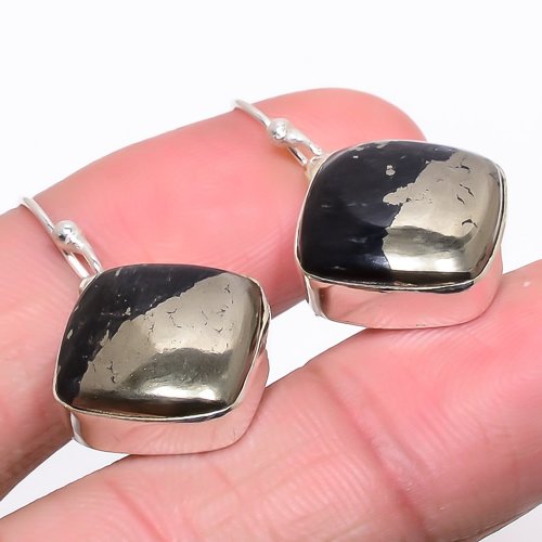 Magnetite In Pyrite 925 Sterling Silver Jewelry Earring, Drop Dangle Earring, Gift For Her, Cushion Earring, Black Earring, Silver Jewelry Earring