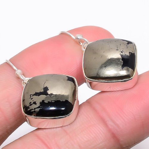 Magnetite In Pyrite 925 Sterling Silver Jewelry Handmade Earring 1.3" T20