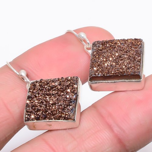 Copper Titanium Drusy 925 Sterling Silver Earring, Drop Dangle Earring, Gift For Her, Square Earring, Brown Earring, Silver Jewelry Earring