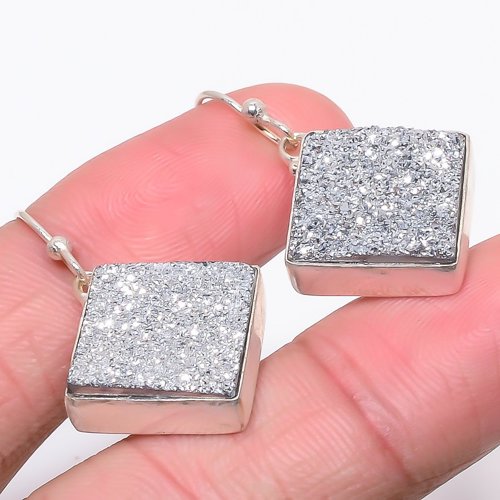 Silver Titanium Drusy 925 Sterling Silver Jewelry Earring, Drop Dangle Earring, Gift For Her, Square Earring, Silver Earring, Silver Jewelry Earring