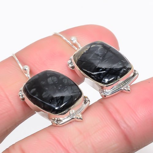 Picasso Jasper 925 Sterling Silver Jewelry Earring, Drop Dangle Earring, Gift For Her, Cushion Earring, Black Earring, Silver Jewelry Earring