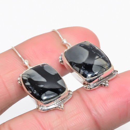 Picasso Jasper 925 Sterling Silver Earring, Drop Dangle Earring, Gift For Her, Cushion Earring, Black Earring, Silver Jewelry Earring