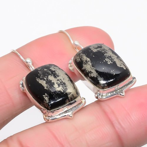 Magnetite In Pyrite Solid 925 Sterling Silver Jewelry Earring, Drop Dangle Earring, Gift For Her, Cushion Earring, Black Earring, Silver Jewelry Earring