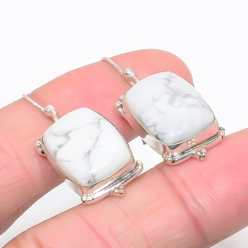 American Howlite 925 Sterling Silver Jewelry Earring, Drop Dangle Earring, Gift For Her, Cushion Earring, White Earring, Silver Jewelry Earring