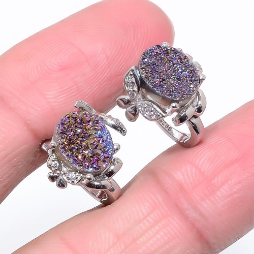 Titanium Drusy & White Topaz 925 Silver Latch Back Earring, Drop Dangle Earring, Gift For Her, Oval Earring, Purple Earring, Silver Jewelry Earring
