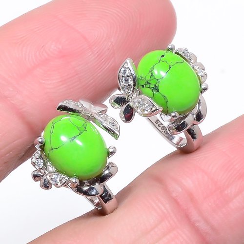 Green Turquoise & Topaz 925 Silver Latch Back Earring, Drop Dangle Earring, Gift For Her, Oval Earring, Green Earring, Silver Jewelry Earring