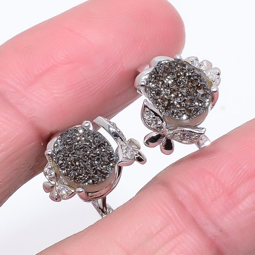 Tektite Drusy & White Topaz 925 Silver Latch Back Earring, Drop Dangle Earring, Gift For Her, Oval Earring, Brown Earring, Silver Jewelry Earring