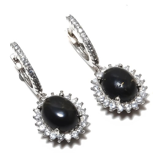 Copper Black Turquoise & CZ 925 Sterling Silver Jewelry Earring, Drop Dangle Earring, Gift For Her, Oval Earring, Black Earring, Silver Jewelry Earring