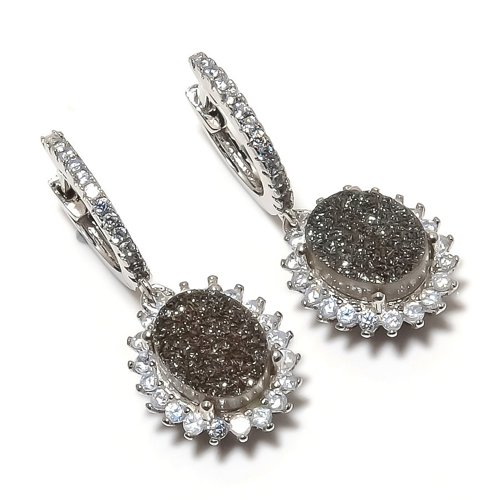 Carbon Titanium Drusy & Cubic Zirconia 925 Sterling Silver Earring 1.18" T72