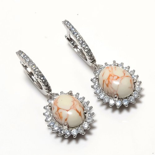 White Copper Turquoise & CZ 925 Sterling Silver Jewelry Earring, Drop Dangle Earring, Gift For Her, Oval Earring, White Earring, Silver Jewelry Earring