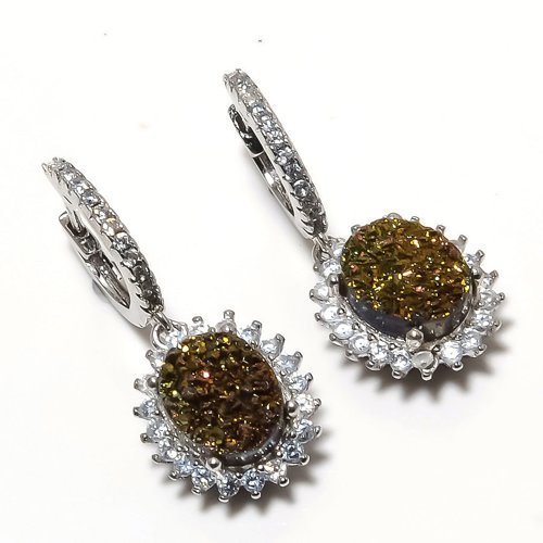 Titanium Aura Drusy & Cubic Zirconia 925 Sterling Silver Jewelry Earring, Drop Dangle Earring, Gift For Her, Oval Earring, Brown Earring, Silver Jewelry Earring