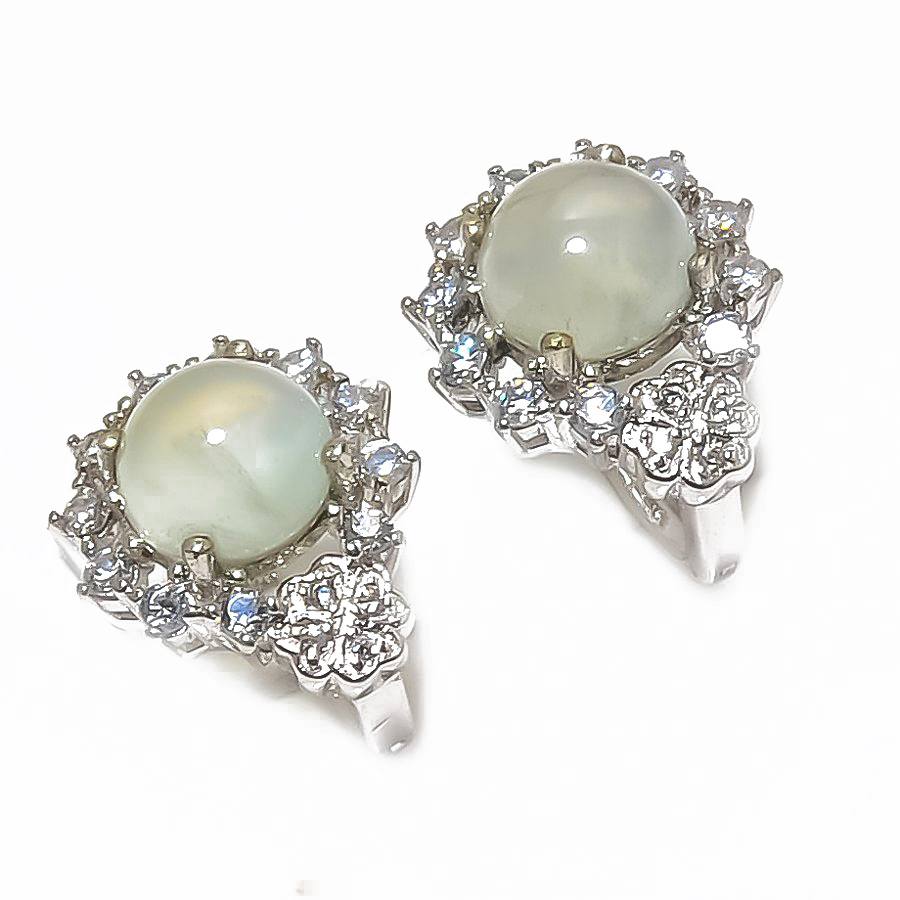 African Prehnite & Cubic Zirconia 925 Sterling Silver Jewelry Earring, Drop Dangle Earring, Gift For Her, Round Earring, Green Earring, Silver Jewelry Earring