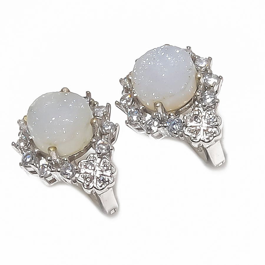 Opalite Titanium Agate Drusy & Cubic Zirconia 925 Silver Earring 0.60" T88