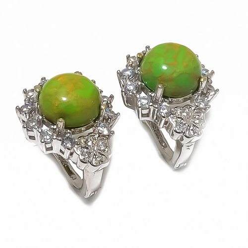 Copper Green Turquoise & CZ 925 Sterling Silver Jewelry Earring, Drop Dangle Earring, Gift For Her, Round Earring, Green Earring, Silver Jewelry Earring