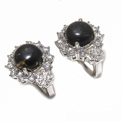 Copper Black Turquoise & CZ 925 Sterling Silver Earring 0.60" S207