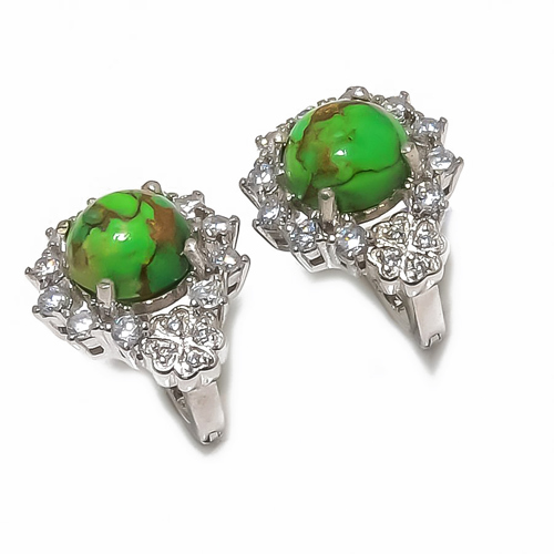 Copper Mohave Green Turquoise & Cubic Zirconia 925 Silver Earring, Drop Dangle Earring, Gift For Her, Round Earring, Green Earring, Silver Jewelry Earring