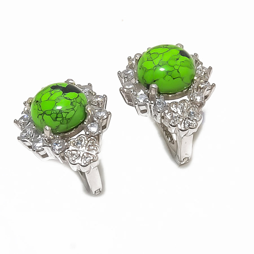 Green Turquoise & CZ 925 Sterling Silver Jewelry Earring, Drop Dangle Earring, Gift For Her, Round Earring, Green Earring, Silver Jewelry Earring