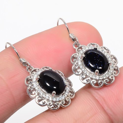 Blue Sunstone & CZ 925 Sterling Silver Jewelry Earring, Drop Dangle Earring, Gift For Her, Oval Earring, Blue Earring, Silver Jewelry Earring
