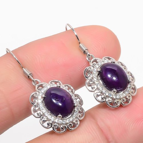 African Amethyst & Cubic Zirconia Solid 925 Sterling Silver Jewelry Earring, Drop Dangle Earring, Gift For Her, Oval Earring, Purple Earring, Silver Jewelry Earring
