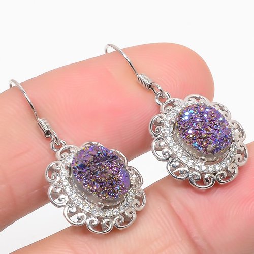 Titanium Aura Drusy & Cubic Zirconia 925 Sterling Silver Jewelry Earring, Drop Dangle Earring, Gift For Her, Oval Earring, Purple Earring, Silver Jewelry Earring