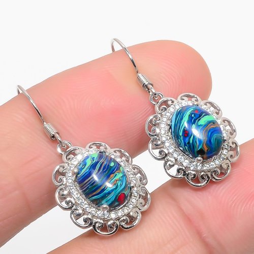 Rainbow Calsilica & CZ 925 Sterling Silver Jewelry Earring, Drop Dangle Earring, Gift For Her, Oval Earring, Blue Earring, Silver Jewelry Earring