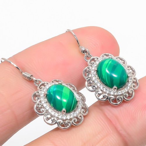 Russian Malachite & CZ 925 Sterling Silver Jewelry Earring, Drop Dangle Earring, Gift For Her, Oval Earring, Green Earring, Silver Jewelry Earring