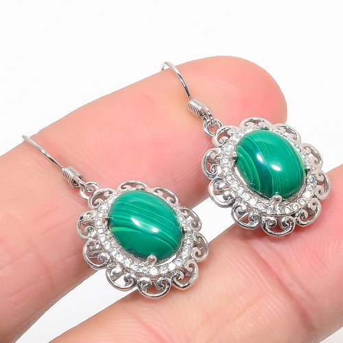 Russian Malachite & CZ 925 Sterling Silver Jewelry Earring, Drop Dangle Earring, Gift For Her, Oval Earring, Green Earring, Silver Jewelry Earring