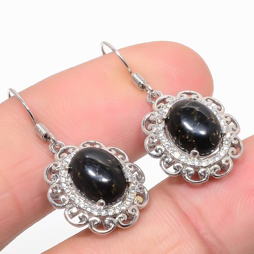Copper Black Turquoise & CZ 925 Sterling Silver Jewelry Earring, Drop Dangle Earring, Gift For Her, Oval Earring, Black Earring, Silver Jewelry Earring