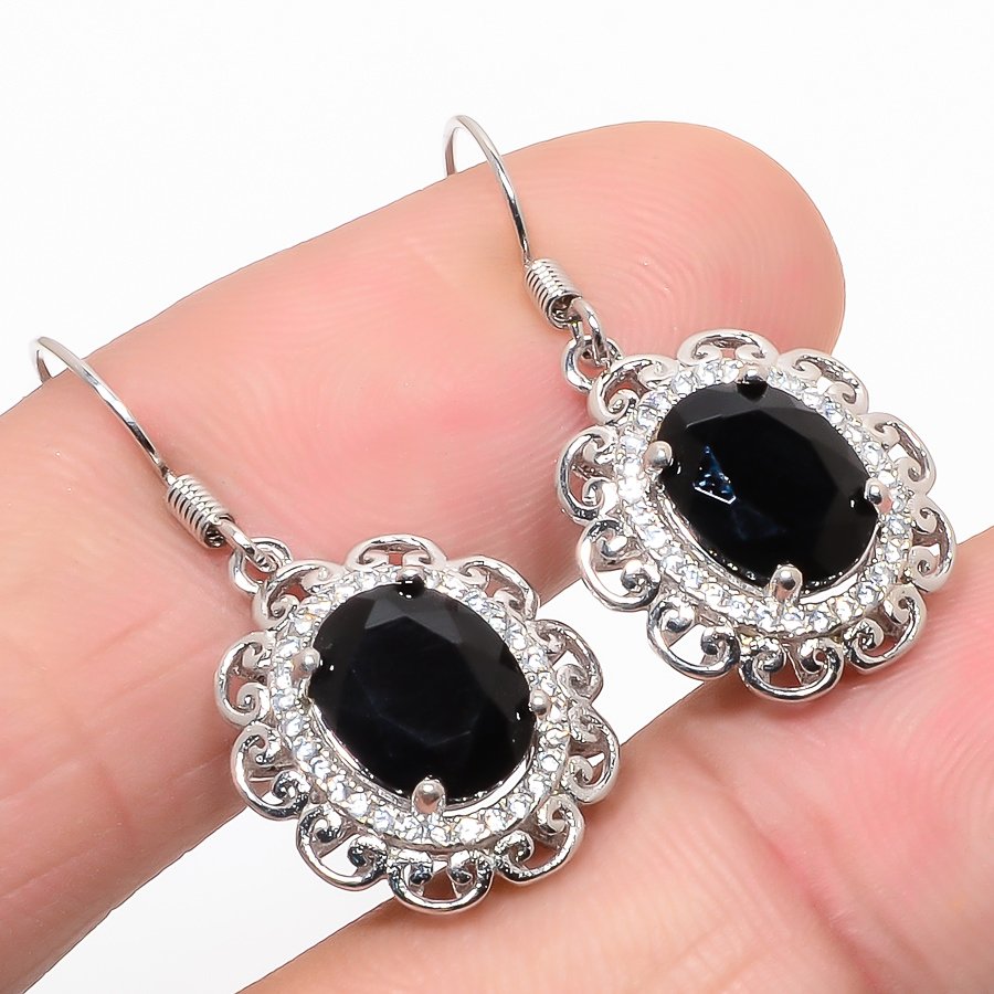 Brazilian Black Onyx & CZ 925 Sterling Silver Earring 1.29" S2045