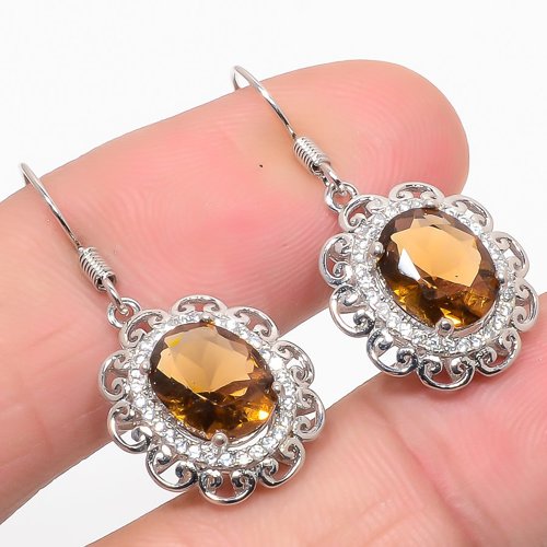 Smoky Quartz & Cubic Zirconia 925 Sterling Silver Jewelry Earring, Drop Dangle Earring, Gift For Her, Oval Earring, Brown Earring, Silver Jewelry Earring